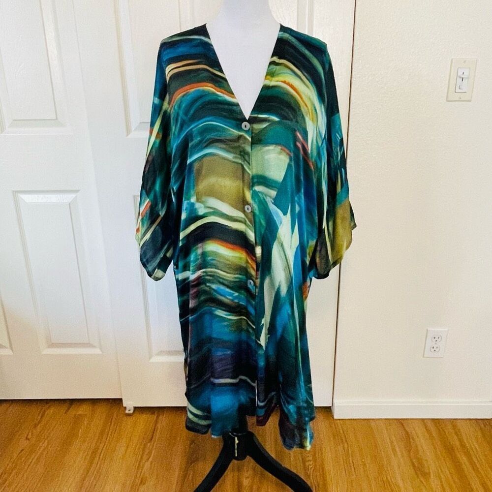 Johnny Was x Biya Silk Blend Oversize Button Up Shirt Tunic Dress Cover-up Size - Picture 4 of 11